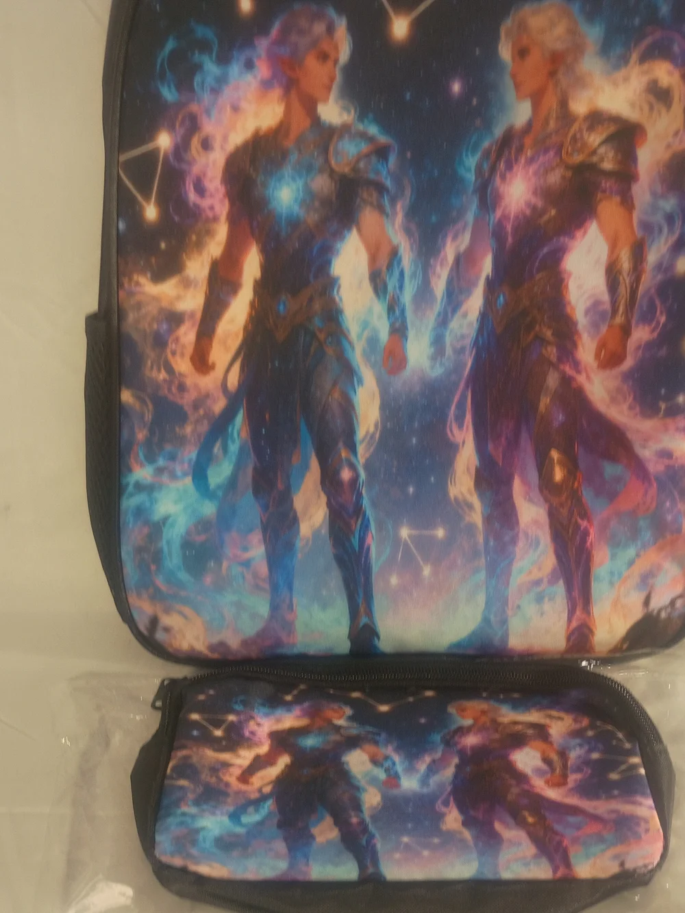 Cosmic Twin Warriors Backpack Set - Blue & Purple Galaxy Print